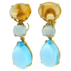 Vintage 18K Yellow Gold Citrine Aquamarine and Blue Topaz Cabochon Drop Earrings