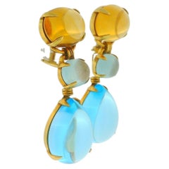 Vintage 18K Yellow Gold Citrine Aquamarine and Blue Topaz Cabochon Drop Earrings