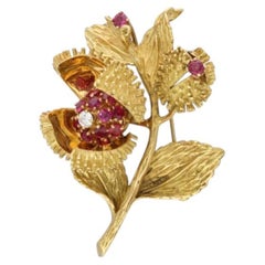 Tiffany & Co. 18K Yellow Gold, Ruby and Diamond Flower Brooch