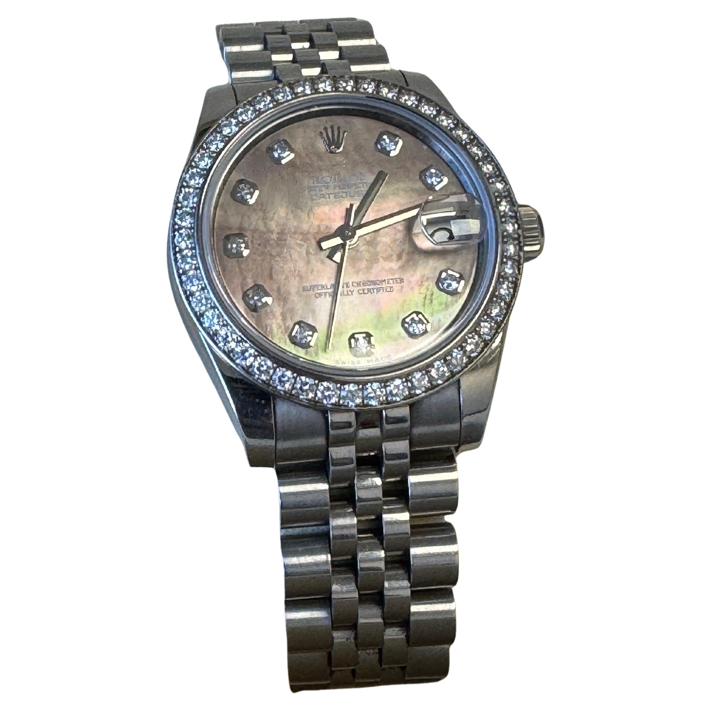 Rolex Date Just 178384 Tahitian MOP Diamant Zifferblatt Box 
Papiere mit Zifferblatt im Angebot