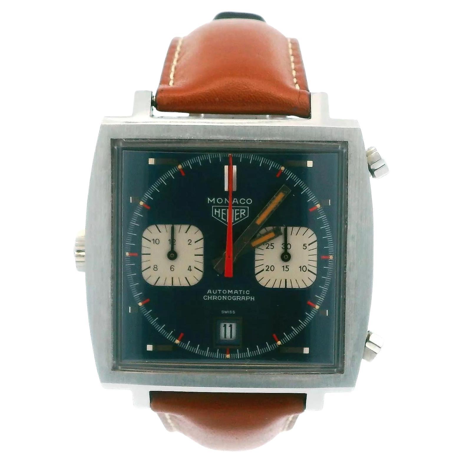 Heuer Monaco "Transitional" Cadran bleu non poli 1969 Autocollant d'origine au dos en vente