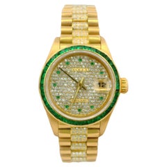 Rolex ladies president emerald bezel pave dial emerald markers diamond ctr link