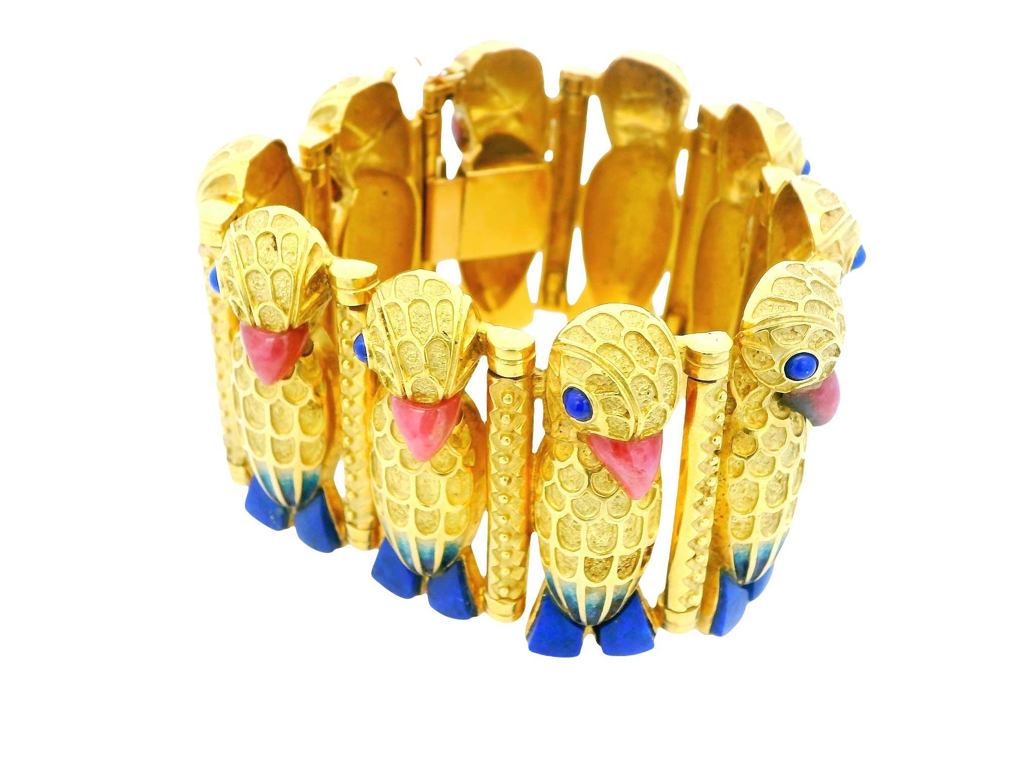 Pappagallo 18k Rodonit  Bracciale con smalto blu con becchi e piedi in lapis in vendita 1