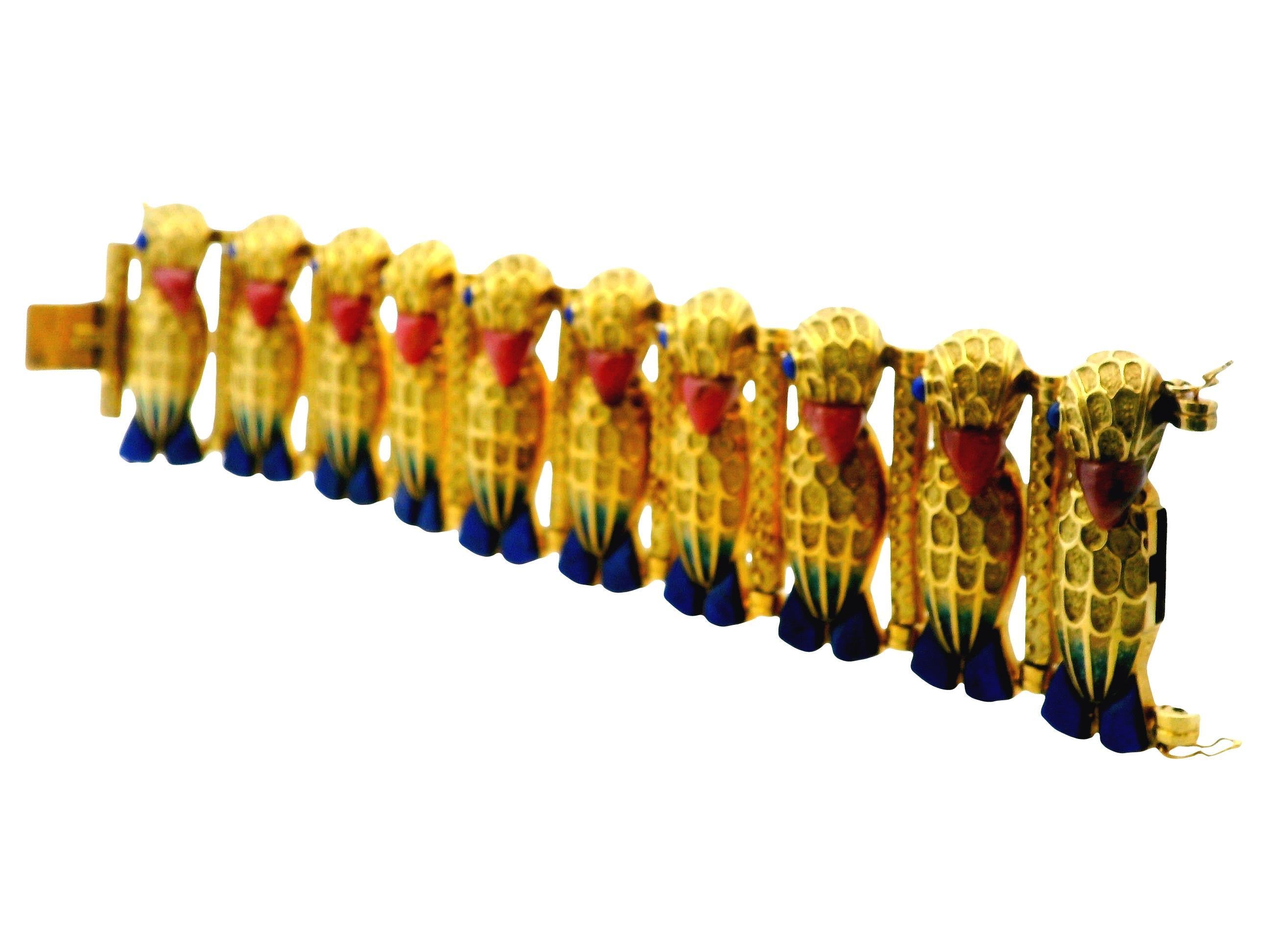 Neoegizio Pappagallo 18k Rodonit  Bracciale con smalto blu con becchi e piedi in lapis in vendita