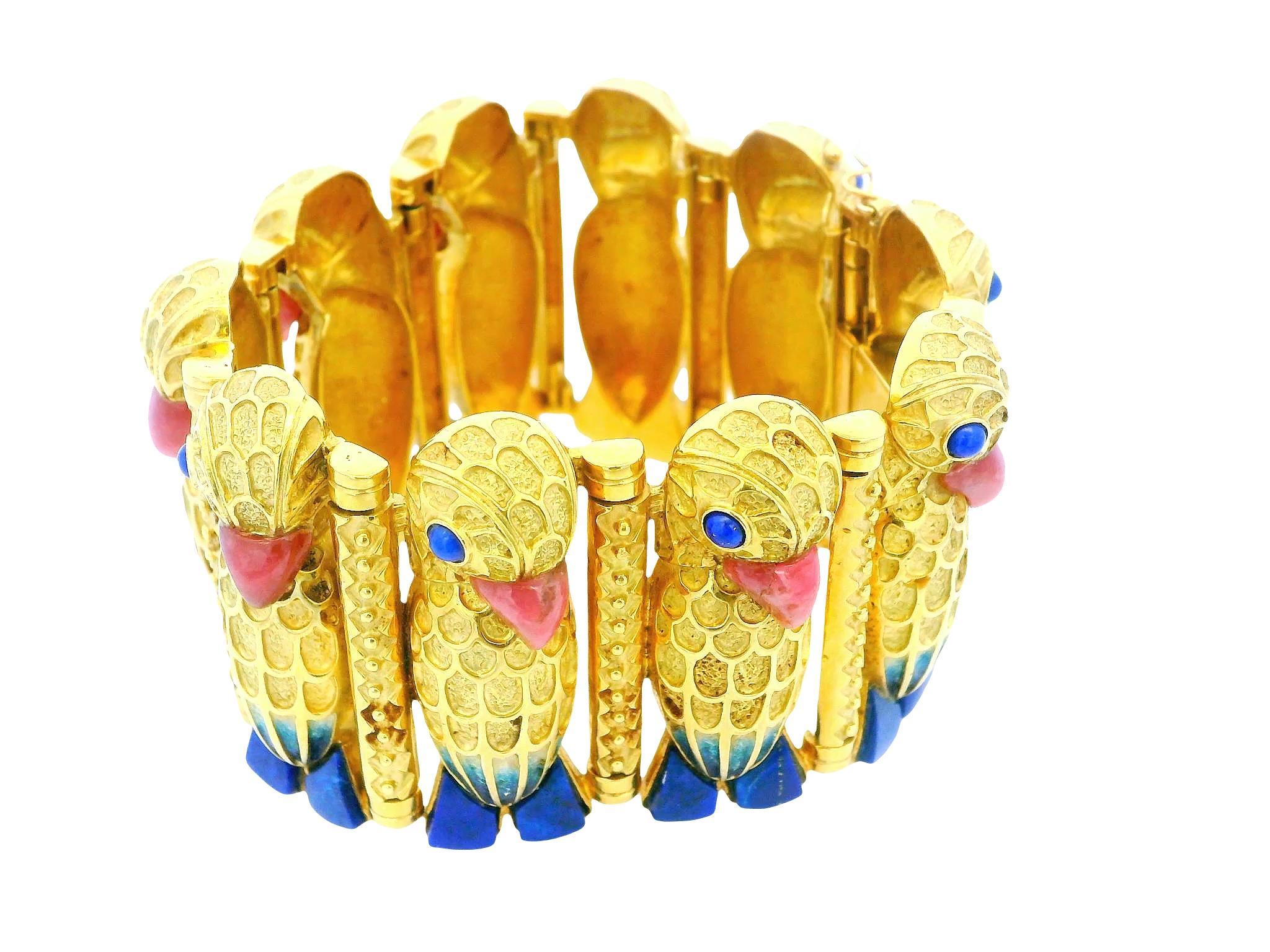 Pappagallo 18k Rodonit  Bracciale con smalto blu con becchi e piedi in lapis in vendita 2