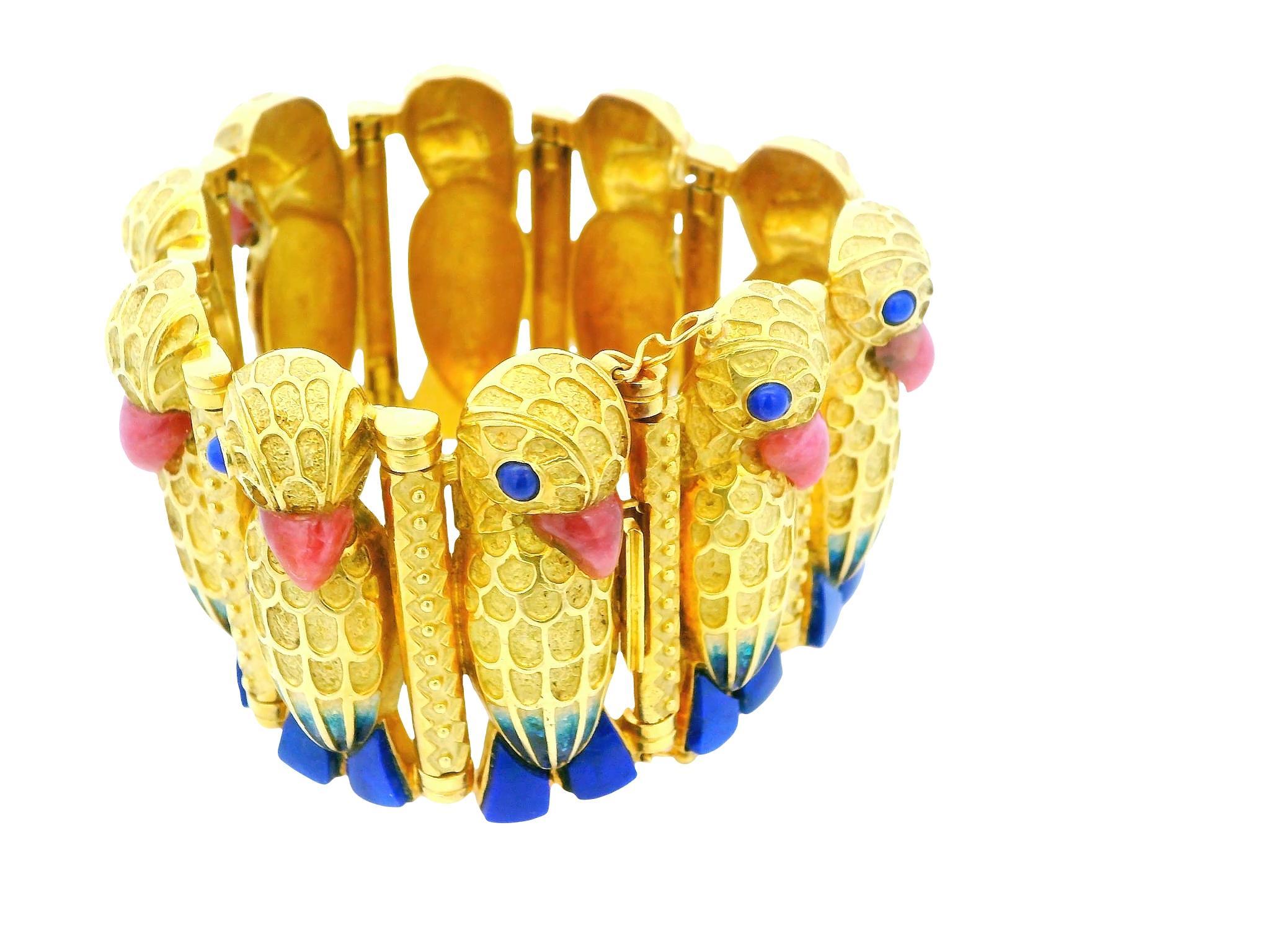 Pappagallo 18k Rodonit  Bracciale con smalto blu con becchi e piedi in lapis in vendita 3