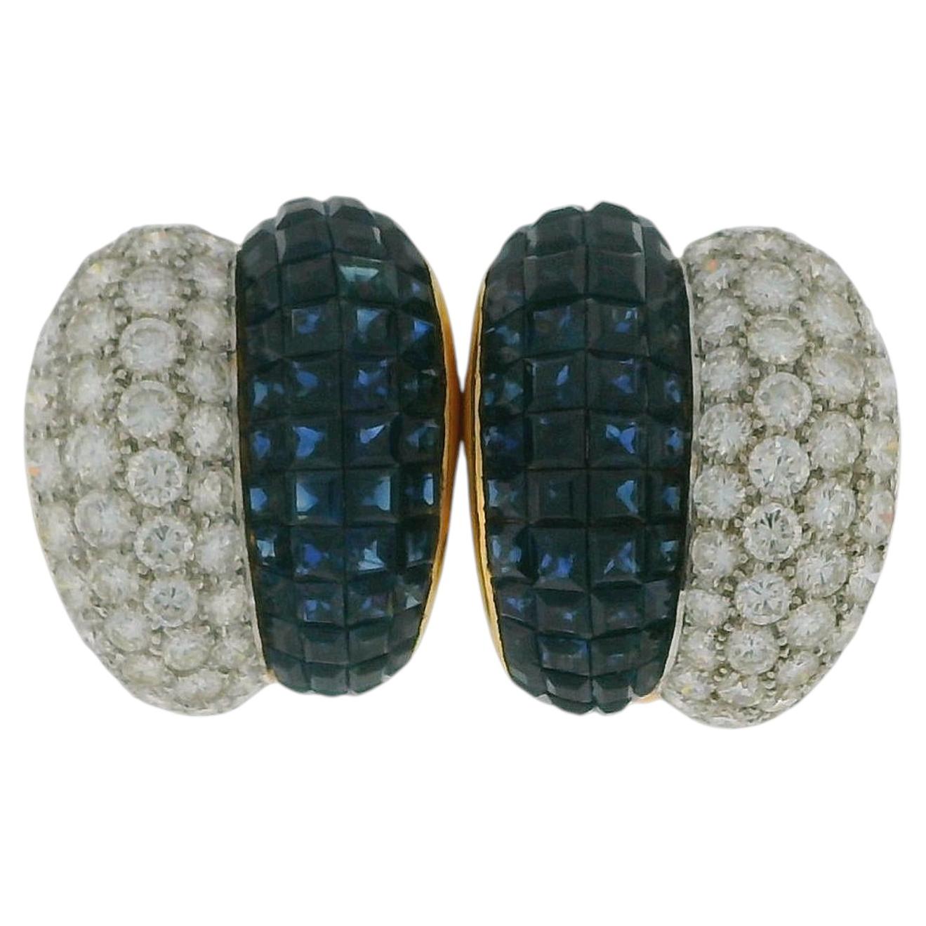 18K Yellow Gold Diamond and Blue Sapphire Invisibility Set Earrings For Sale