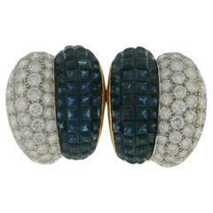 18K Yellow Gold Diamond and Blue Sapphire Invisibility Set Earrings