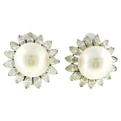 Trio Platinum & 18K White Gold Central Pearl diamonds Clip On Earrings