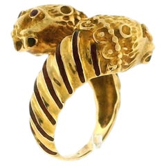 Double Lion Head Ruby Eyes 18K Yellow Gold Ring