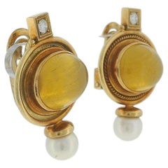 Elizabeth Gage Oval Cabochon Topaz 18k Gold pearl & Diamond Clip-On Earrings