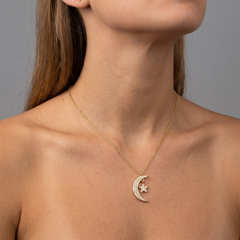 Diamond Crescent Moon 14K (or 18k upon request) Yellow Gold Star Necklace