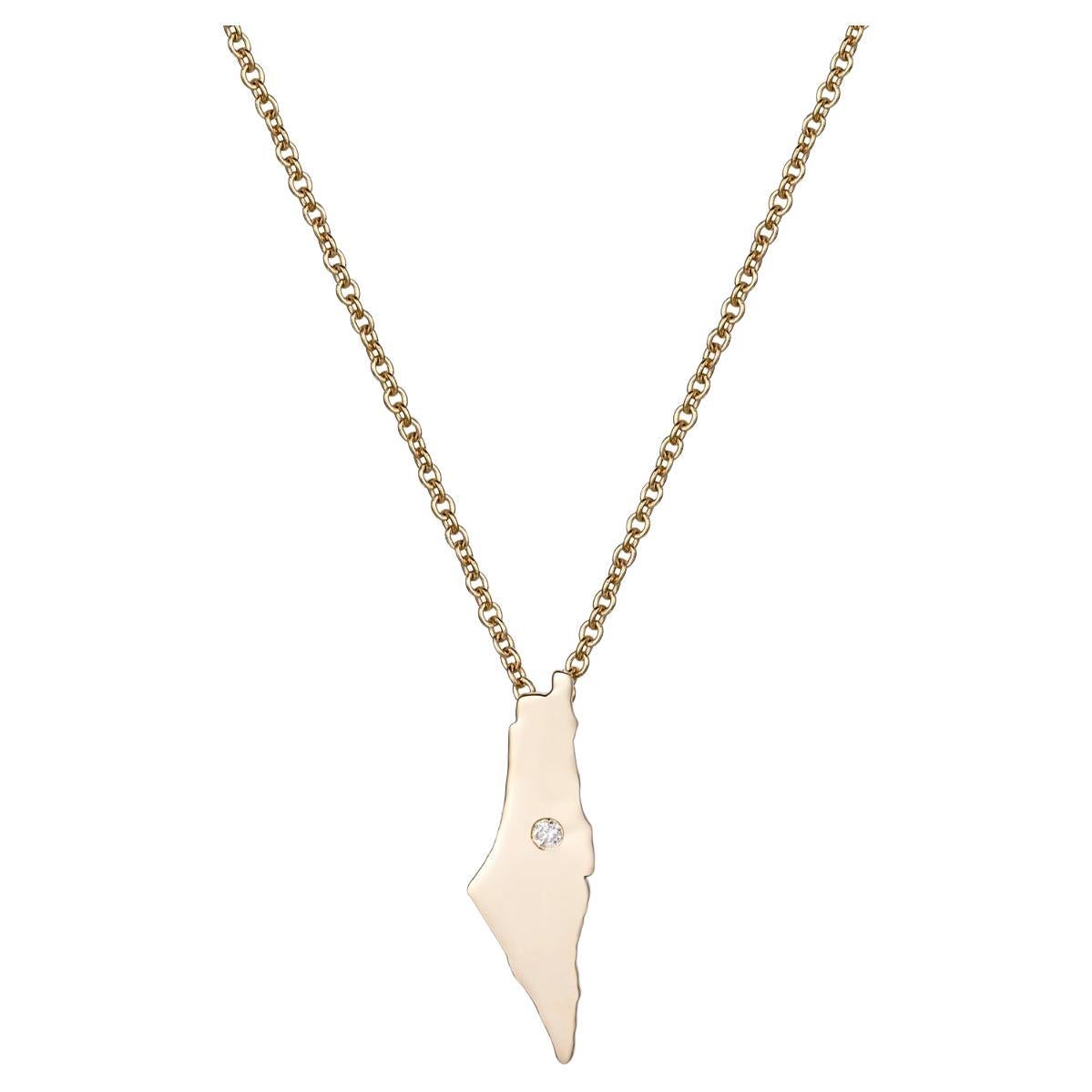 Gold Map Pendant 14K Yellow Gold Round Diamond Necklace