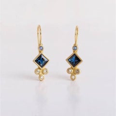 Pendientes Gota Zafiro Diamante Corte Princesa Oro Amarillo 14K