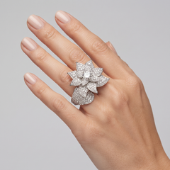 360 Diamond Double Finger 18K White Gold Flower Ring