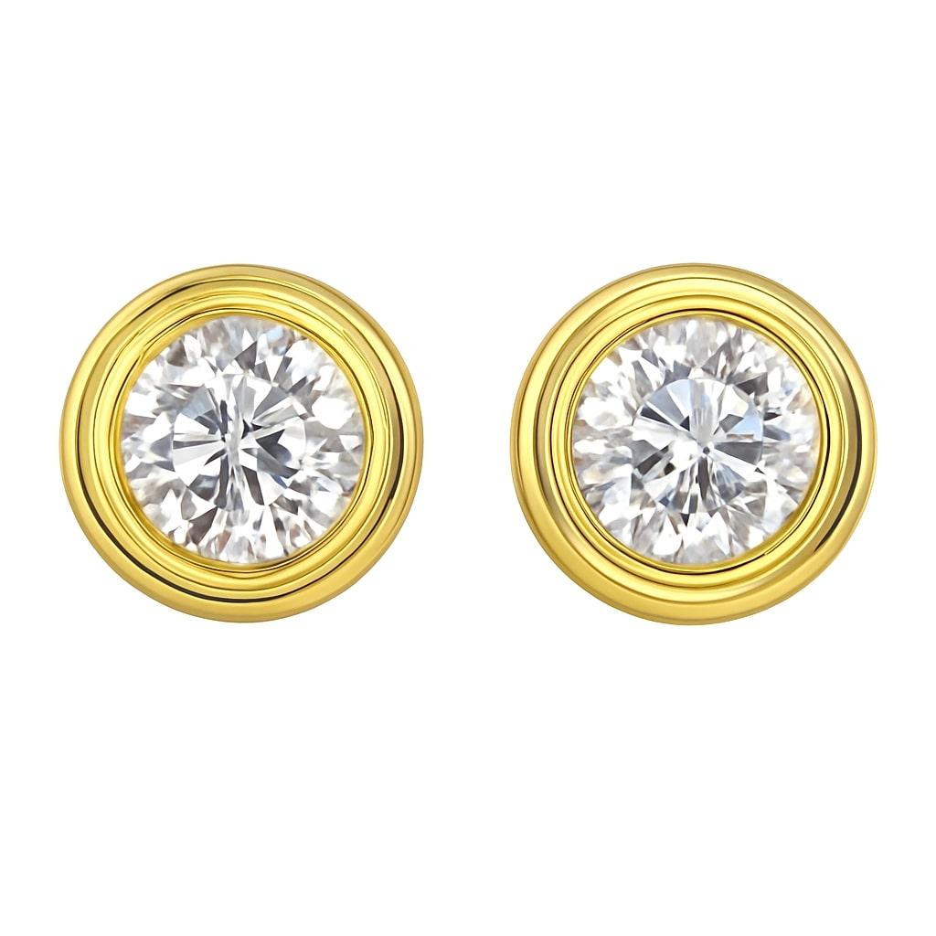 Round Cut Bezel Set 18K Yellow Gold Round Brilliant Stud Earrings For Sale