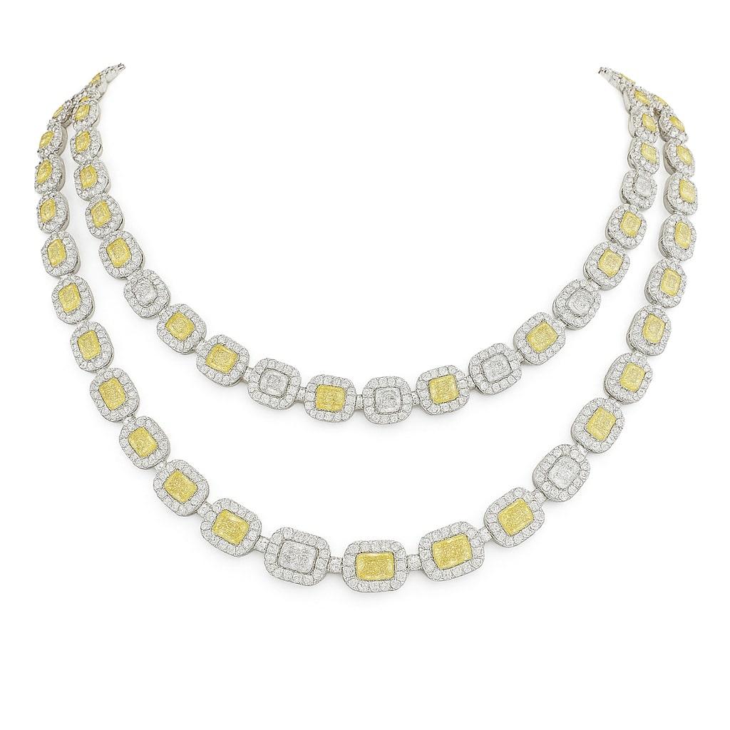 Moderno Collana Tennis a doppio strato con diamanti gialli in oro bianco 18K in vendita