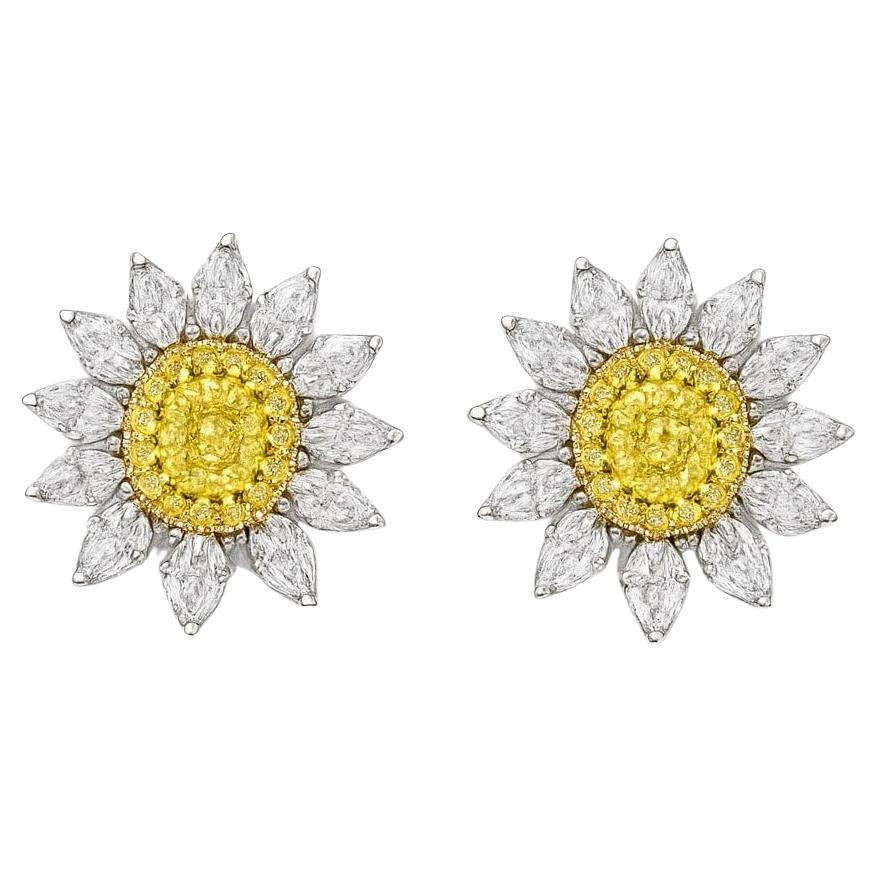 Boucles d'oreilles tournesol jaune et blanc en or blanc 14K avec diamants en vente