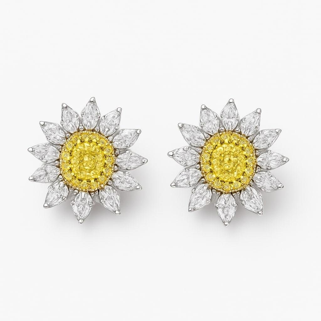 Boucles d'oreilles tournesol jaune et blanc en or blanc 14K avec diamants Neuf - En vente à Los Angeles, CA