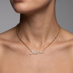 Mama Script 14K (or 18k upon request) Yellow Gold Pave Diamond Pendant Necklace