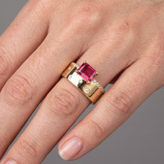 Emerald-Cut Pink 14K (or 18k upon request) Yellow Gold Tourmaline Diamond Ring