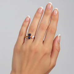 Open Ring Blue Sapphire 14K (18k upon request) Yellow Gold Marquise Diamond Ring