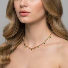 Heart Shaped Emerald 14K (or 18k upon request) Yellow Gold Diamond Bead Necklace
