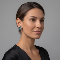 Multicolor Sapphire & Diamond 14k (18k Custom) White Gold Floral Stud Earrings