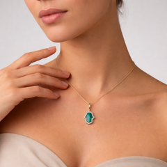28 Diamond Malachite 14K (or 18k upon request)Yellow Gold Hamsa Pendant Necklace