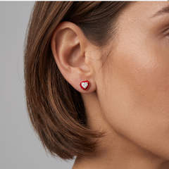 Red Enamel 14K (or 18k upon request) Yellow Gold Heart Diamond Stud Earrings