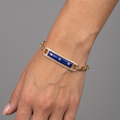 Lapis Inlay Diamond 14K (18k Custom) Yellow Gold Frame Star Bar Charm Bracelet