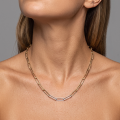 Two Tone Elongated 14K (18k upon request) Yellow Gold Paperclip Chain Necklace