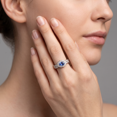 Classic Oval 14K (18K Custom) Blue Sapphire Diamond Halo Ring