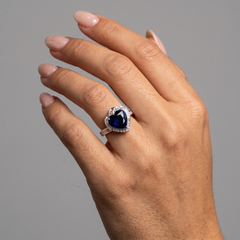 Heart-Cut Blue Sapphire 14K White Gold (18K Custom) Diamond Halo Ring