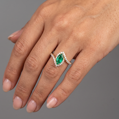 Marquise-Cut Emerald 14K (18K Custom) Yellow Gold Diamond Halo Ring