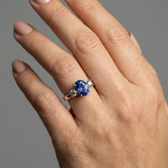 Oval Blue Sapphire 14K (18K Custom) White Gold Diamond Three-Stone Ring