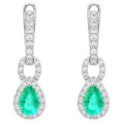 Emerald Halo 18K Natural Diamond White Gold Drop Earrings