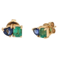 Blue Sapphire Emerald 18K Yellow Gold Stud Earrings