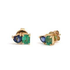 Blue Sapphire Emerald 18K Yellow Gold Stud Earrings