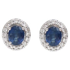 Blue Sapphire Halo 18K Natural Diamond White Gold Stud Earrings