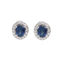 Blue Sapphire Halo 18K Natural Diamond White Gold Stud Earrings