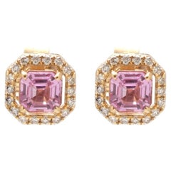 Asscher Cut Pink Sapphire 18K Natural Diamond Yellow Gold Halo Stud Earrings