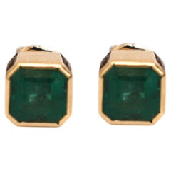 Asscher Cut Emerald 18K Yellow Gold Solitaire Stud Earrings