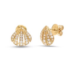 Shell 18K Natural Diamond Yellow Gold Stud Earrings