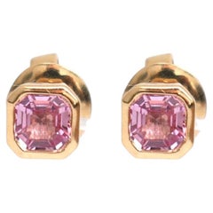 Asscher Cut Pink Sapphire 18K Yellow Gold Solitaire Stud Earrings