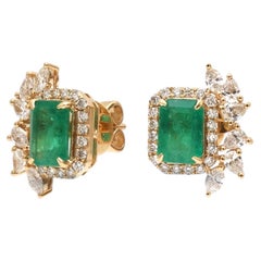 Emerald Halo 18K Natural Diamond Yellow Gold Stud Earrings