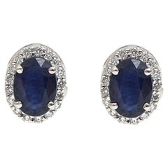 Blue Sapphire Halo 18K White Gold Stud Earrings