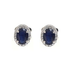 Blue Sapphire Halo 18K White Gold Stud Earrings
