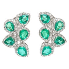 Emerald Cluster 18K Natural Diamond White Gold Stud Earrings