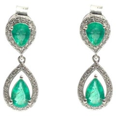 Emerald Double Drop 18K Natural Diamond White Gold Earrings